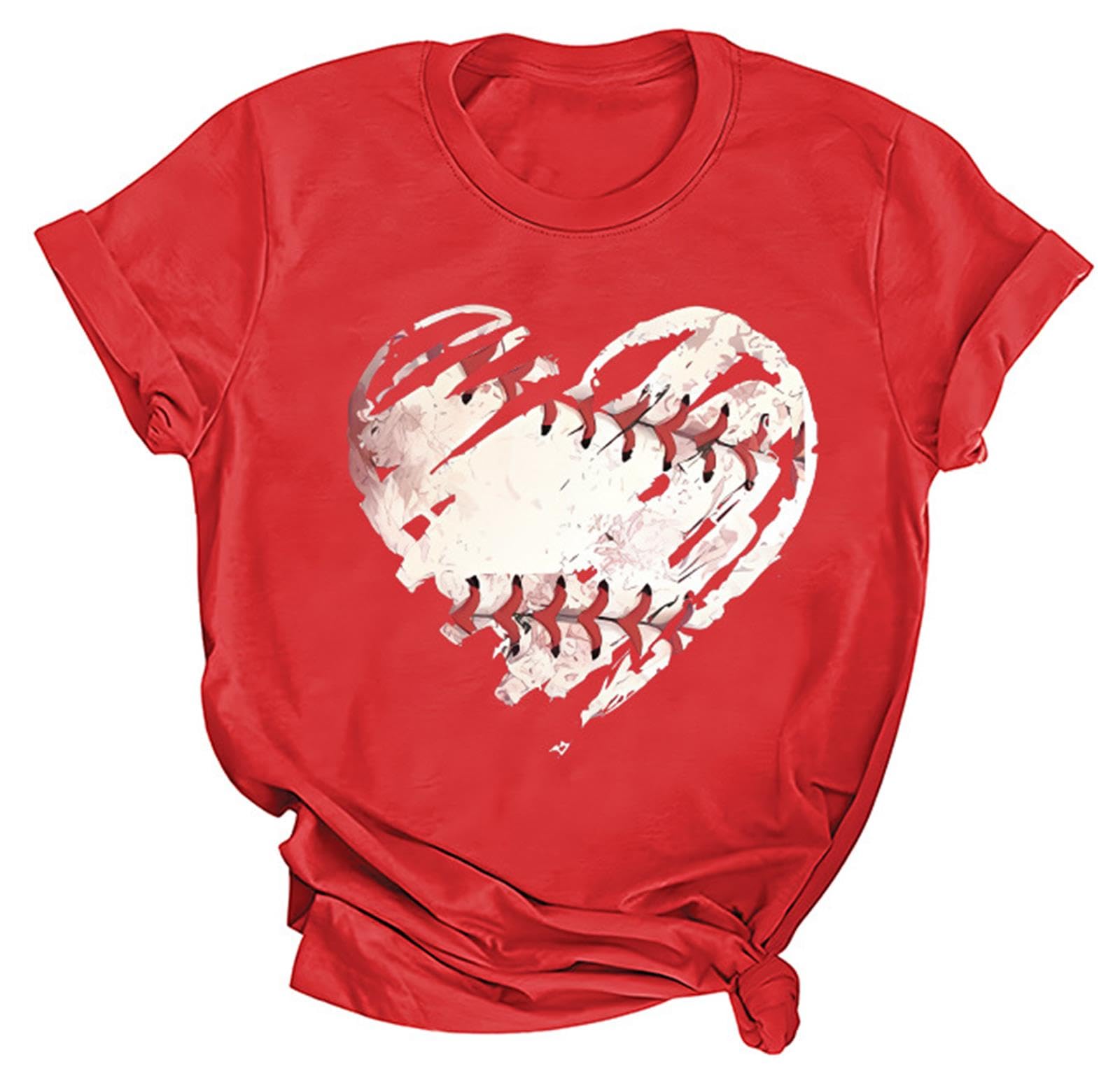 Colorful Baseball T Shirt Game Day Heart Shape Baseball Shirt for Women (US, Alpha, XX-Large, Regular, Regular, red)