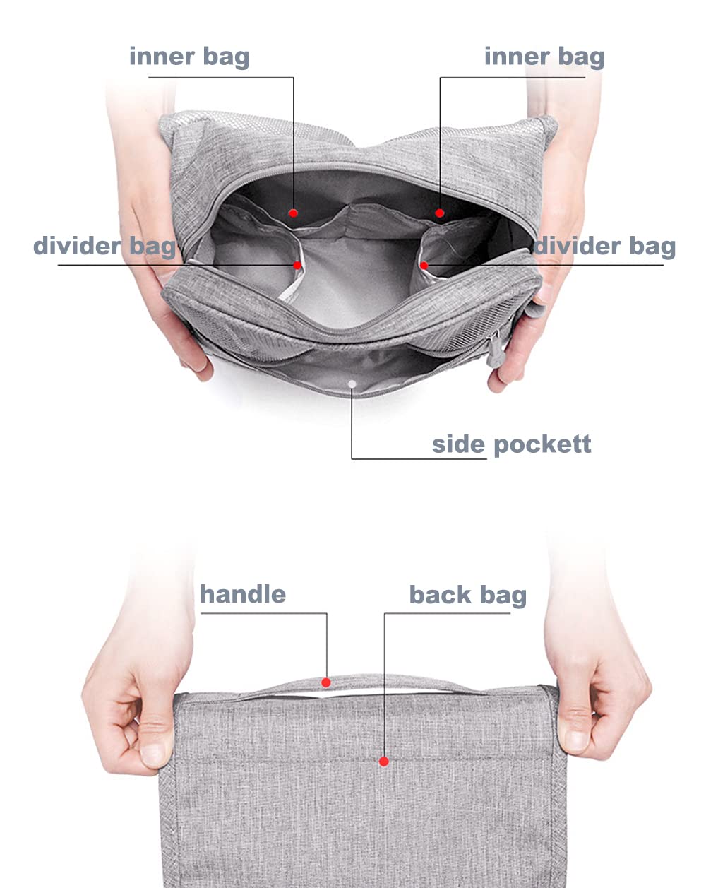 Bolsa de cosméticos Bolsa de maquillaje de viaje Mano Portátil Niñas Cosméticos Casos de mujer Bolsa de aseo grande Cremallera Organizador, gris