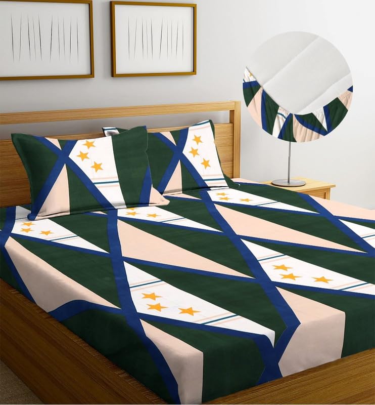 Image of la'amour 100% Cotton Elastic Fitted Bedsheets with 2 King Size Pillow Covers Double Bed with All Around Elastic Supersoft Size - 72 King Sizex78+10 inches Green and Beige 200 tc - 220 tc