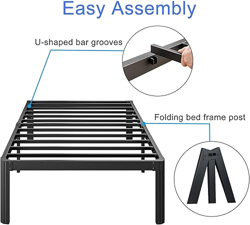 Miniatura 33 de Marco de cama de metal de alta resistencia de 16 pulgadas, marco de cama de plataforma tamaño matrimonial, no necesita somier, sin ruido, fácil