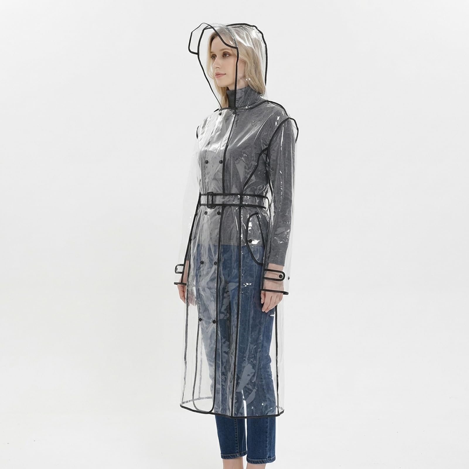 Manteau de pluie portable imperméable pour femme,Poncho transparent et réutilisable résistant à la pluie avec capuche et ceinture pour veste de pluie en plein air, transparent, Taille Unique