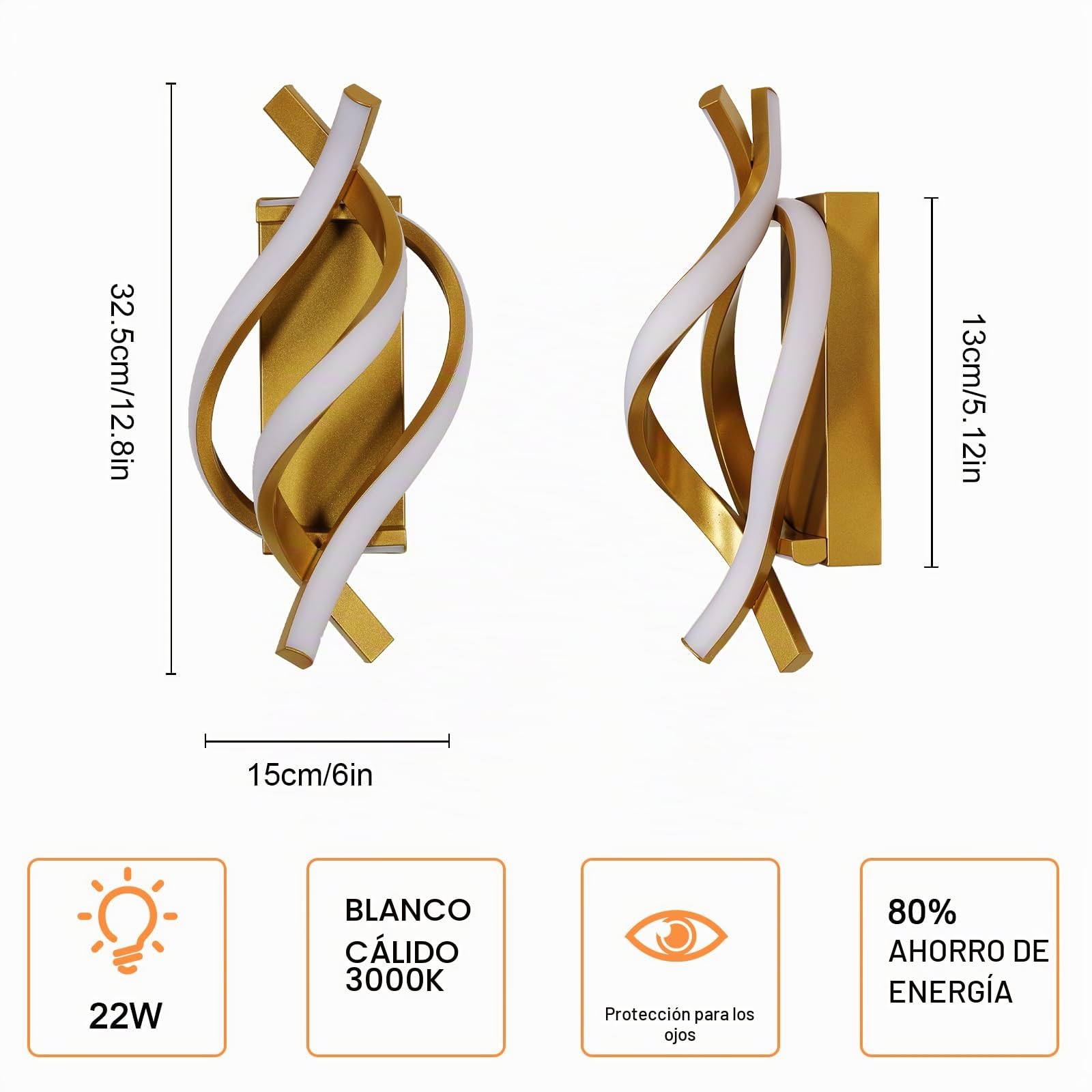 Comely Aplique Pared Interior, Dorado 22W 2500LM Lámpara de Pared Moderna | Blanco Cálido 3000k Lamparas de Aluminio para Dormitorio, Estudio, Comedor