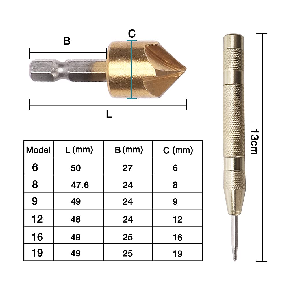 Set 6 Svasatori Conici A 90&deg; - Per Metallo E Legno, Con Codolo Esagonale E Rivestimento Titanio