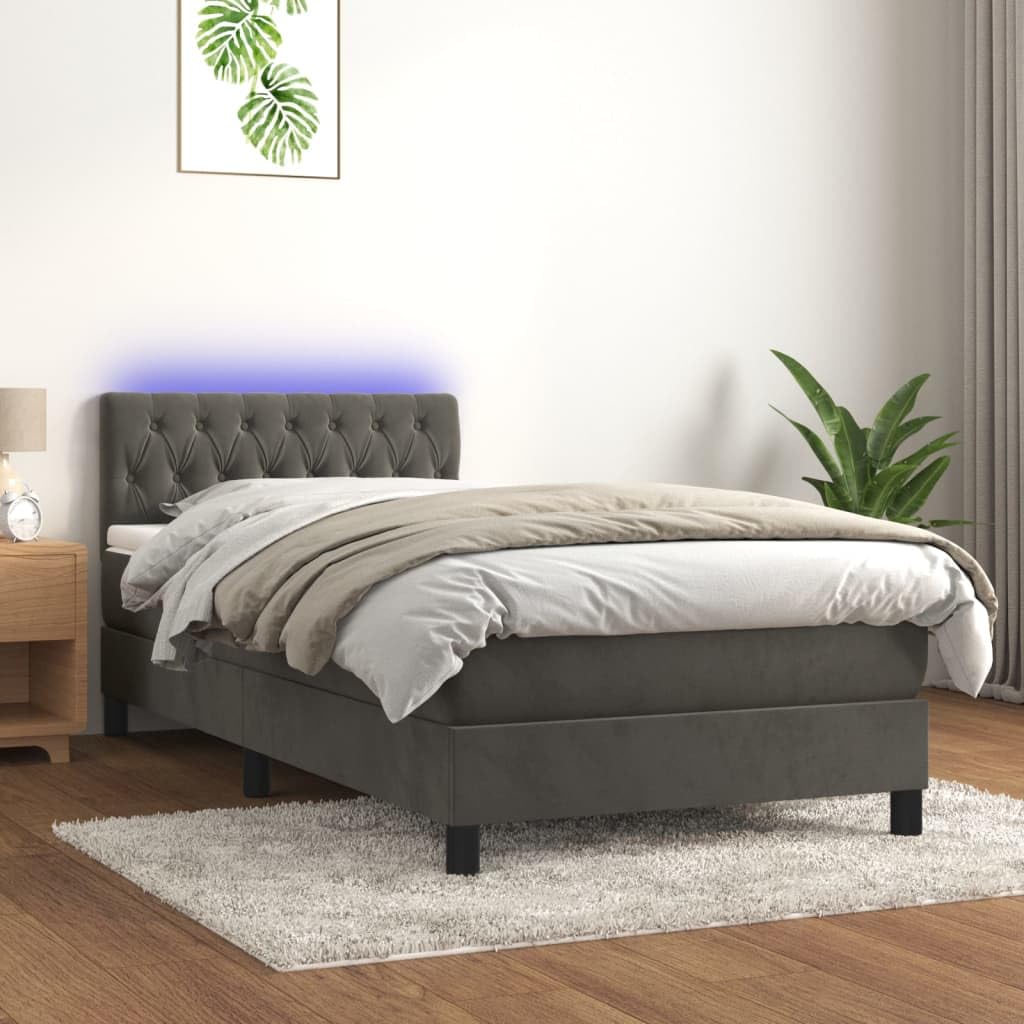 IKAYAA Boxspringbett mit Matratze 100 x 200 Bett mit LED Beleuchtung & Topper Boxspringbett 100 x 200 cm Bett mit Matratze und Lattenrost Bett komplett mit Kopfteil Samt-Dunkelgrau-100 x 200 cm