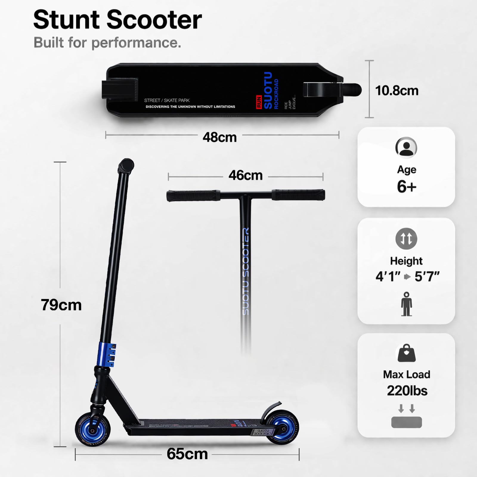 Monopattino Freestyle, Sterzo a 360°, Monopattino da Trick con Ruote in PU 85A 100 mm, Stunt Scooter per Bambini Adolescente e Adulti, Capacità di Carico: 100 kg, Alluminio