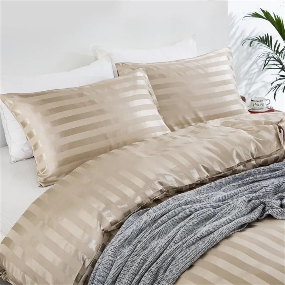 Juego de sábanas de lujo de satén a rayas de 3 piezas, reversible, suave y sedosa, con 2 fundas de almohada (tamaño King-230 x 220 cm)