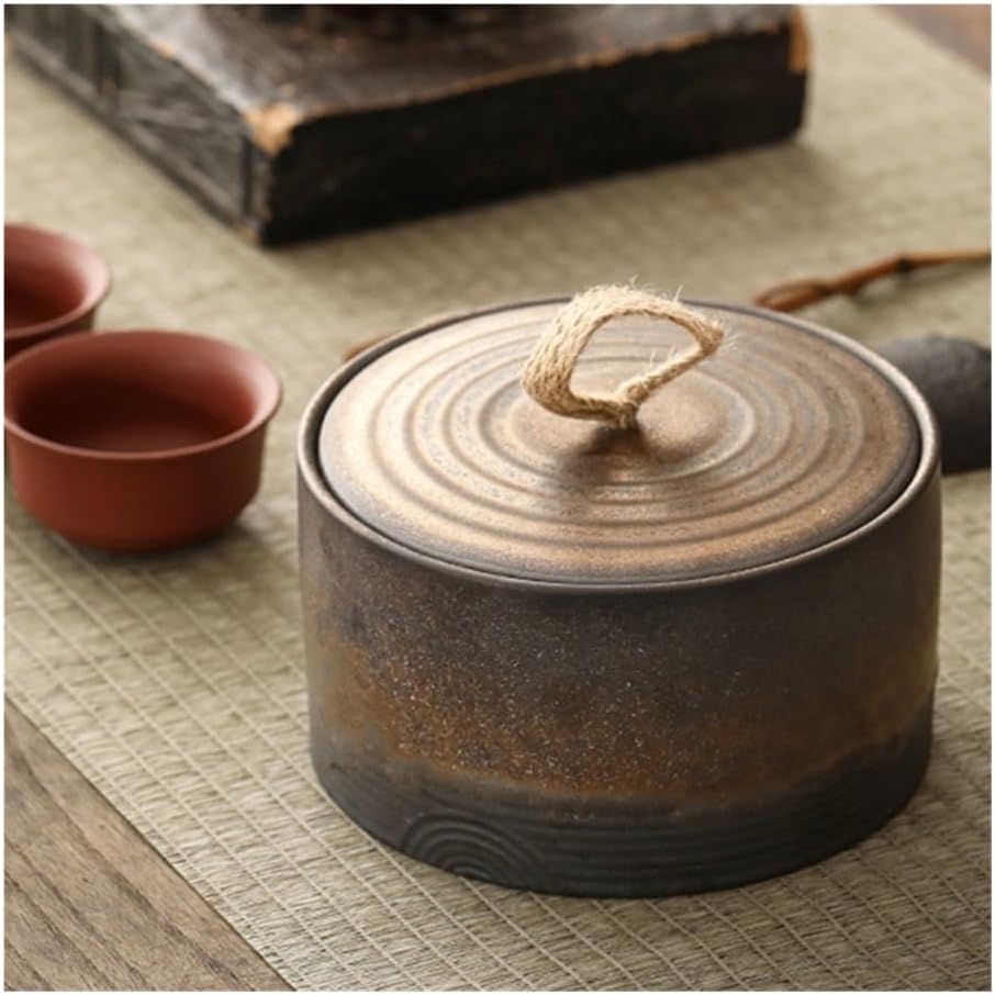 Tea Container Rough Pottery Tea Canister With Lid And Carrying Handle Household Vintage Sealed Bin(Brown)