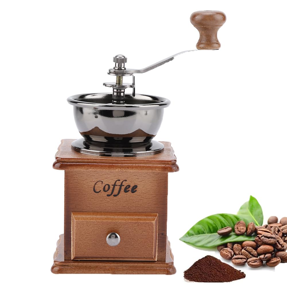 Queen.Y - Macinacaffè Manuale Vintage, Macina Caffè in Stile Retrò con Cassetto in Legno, Accessorio Caffè per Casa e Ufficio