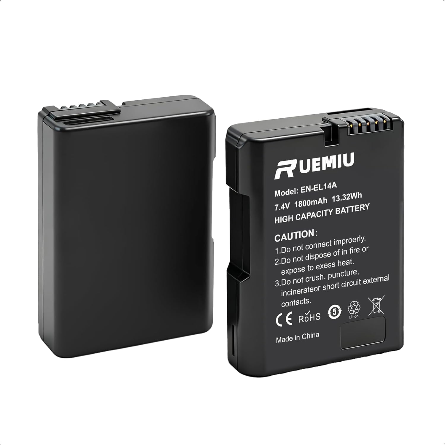 2-Pack Upgraded 1800mAh EN-EL14 EN-EL14A Battery Compatible with Nikon D3200 D3100 D3400 D3300 D5600 D3500 D5100 D5200 D5300 D5500 DF Coolpix P7000 P7100 P7700 P7800 Camera