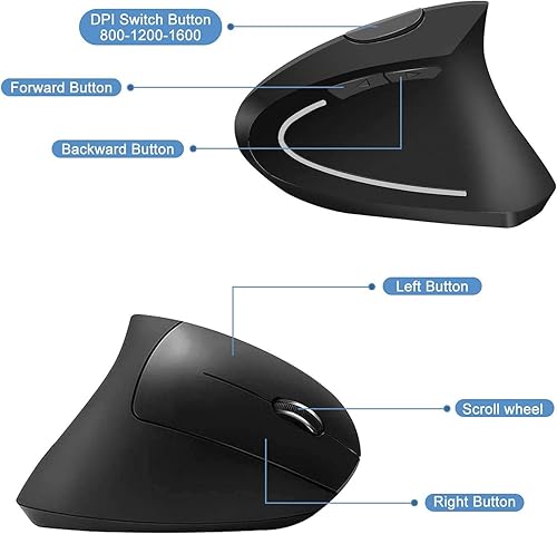 Miniatura 6 de ASOI - Ratón ergonómico inalámbrico, recargable de 2.4 G, inalámbrico, óptico, vertical, ergonómico, 100012001600 DPI, para laptop, escritorio, PC,