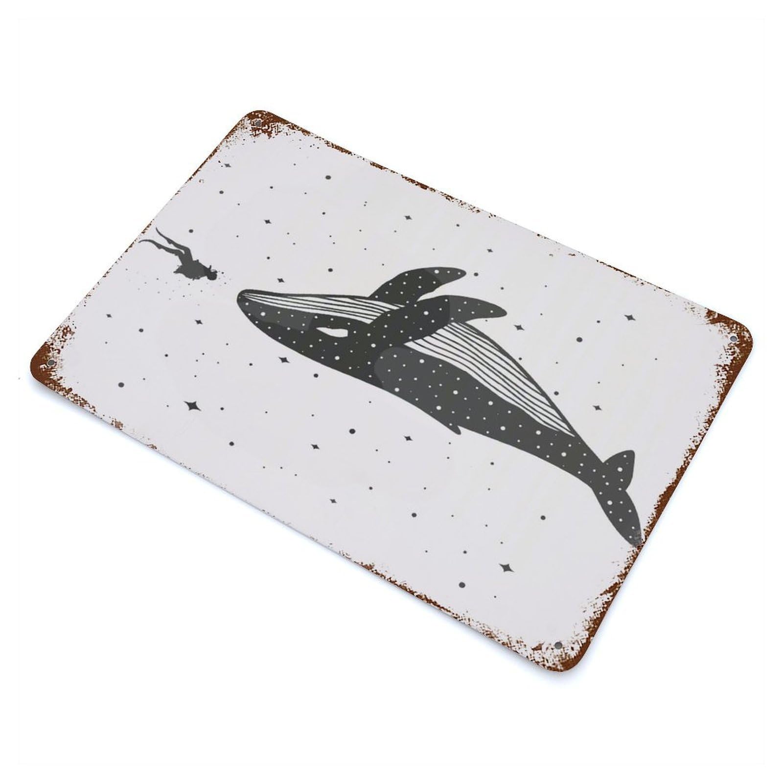 Garage Style Space Whale Rustic Tin Plaque 11.8"x7.9", Industrial Home Decor for Bar And Workshop