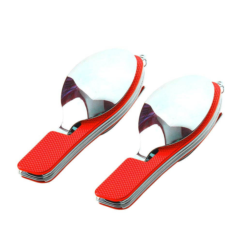2 szt. Premium sztućce kempingowe 4 w 1, składane sztućce 4 w 1, stal nierdzewna zestaw sztućców kempingowych outdoor, zestaw nóż widelec łyżka otwieracz do butelek (czerwony)