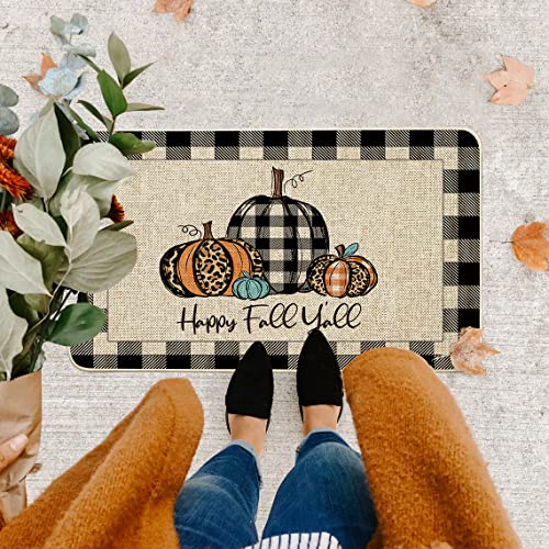 Whomeaf Happy Fall Y'all Doormat Autumn Buffalo Check Plaid Pumpkin Door Mats Fall Farmhouse Runner Rugs Entrance Low Profile Non Slip Floor Mat For Home Patio Outdoor Indoor Decor 17X29 In (Black) #TOP3