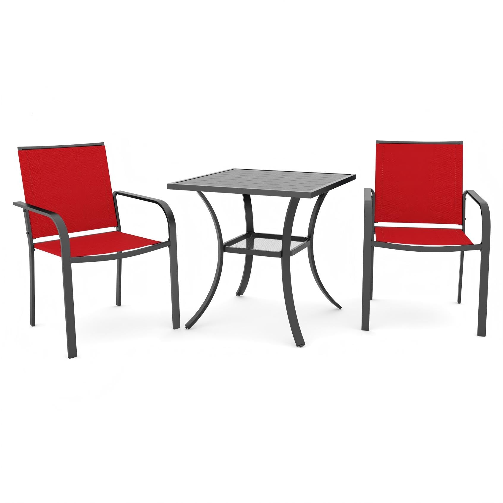 Anmutig Outdoor Bistro Set for 2, Stackable Chairs &amp; Square Table, Red