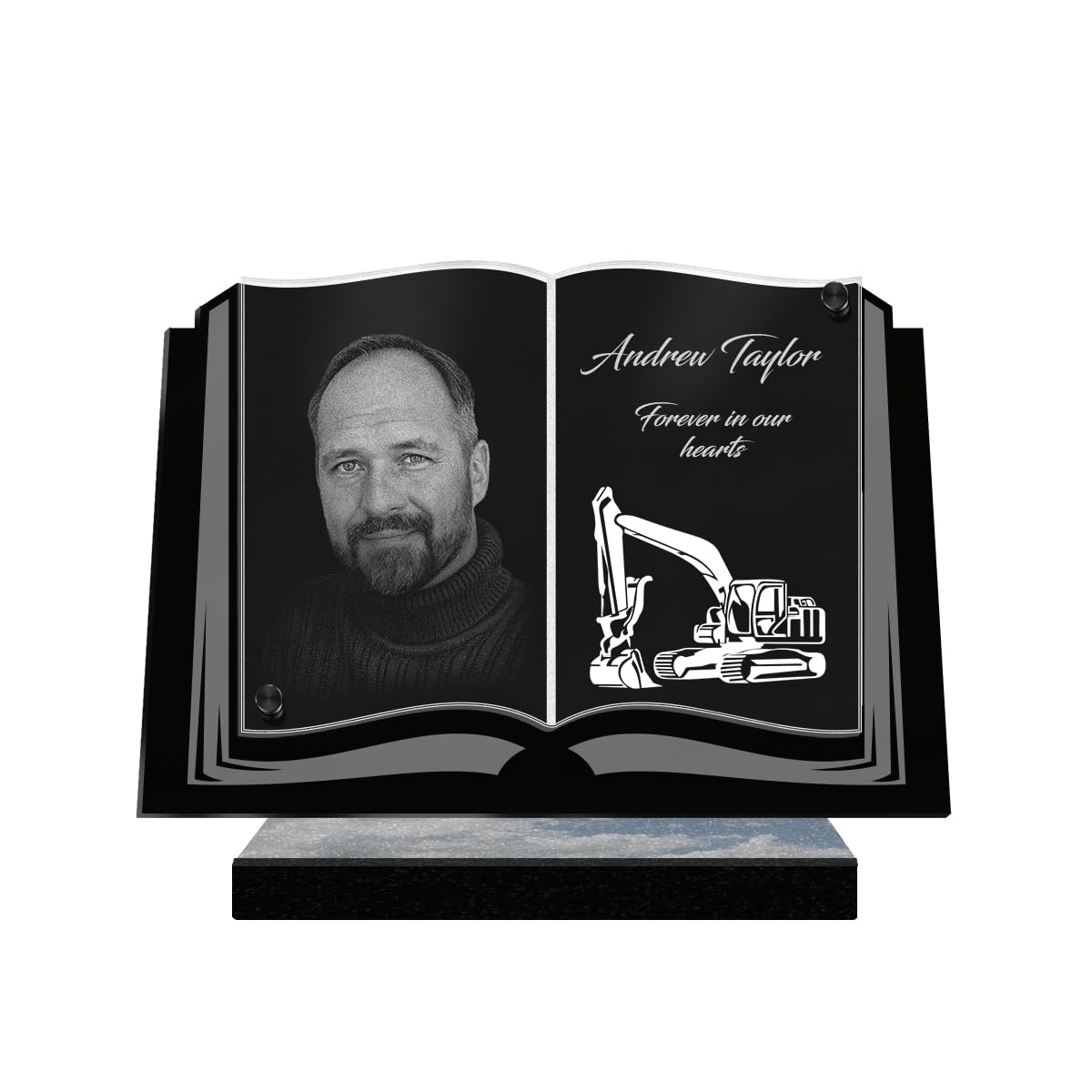 ETERNEL - Personalized Funeral Plaque Book Excavator Customizable Photo and Text, laser-engraved funeral plaque for tribute, tombstone, cemetery, funeral, burial