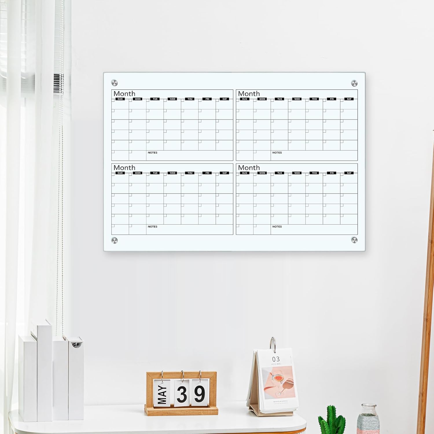 Glass Whiteboard Calendar Dry-Erase White Board Planner Glass Large Wall Mounted Calendar with Marker Tray for Wall Home or Office(Transparent,36" X 24",4 Month)