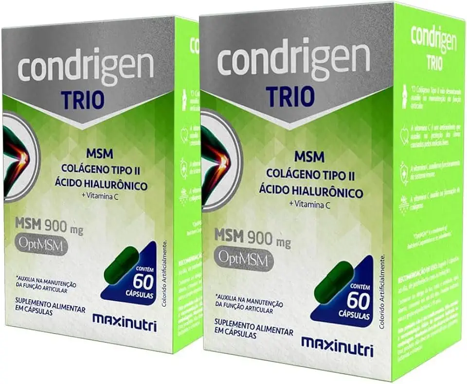 Kit 2 Condrigen Trio Colágeno Tipo 2 com Ácido Hialurônico Vitamina C e MSM (Metilsulfonilmetano) 60 Cáps Maxinutri Maxigold
