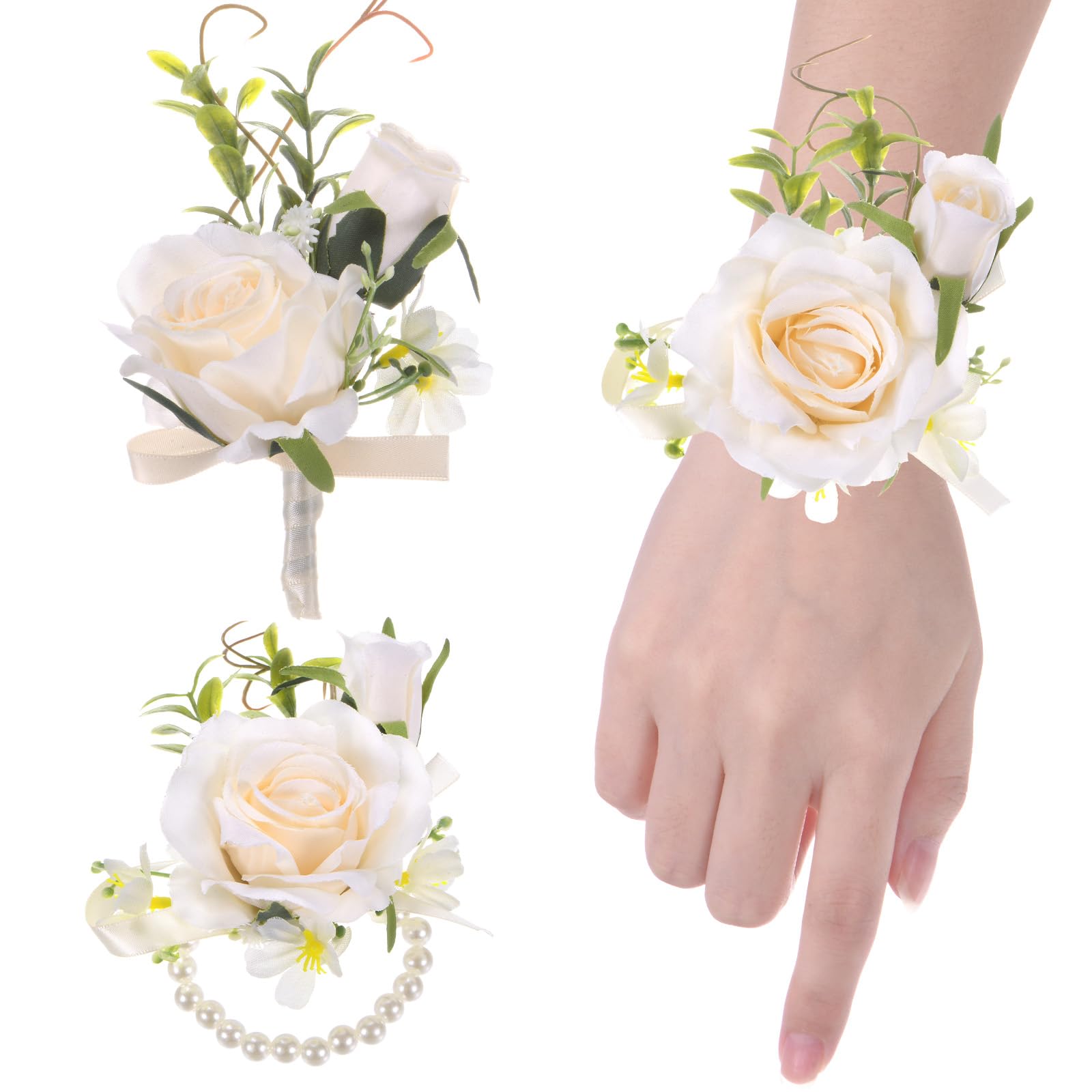 M METERXITY 1-Set Wrist Corsage and Boutonnieres Set, Artificial Flower Wrist Corsage Bracelets and Men Corsage for Wedding/Party/Prom/Decorations, Flower Wrist Corsage Set [Champagne]