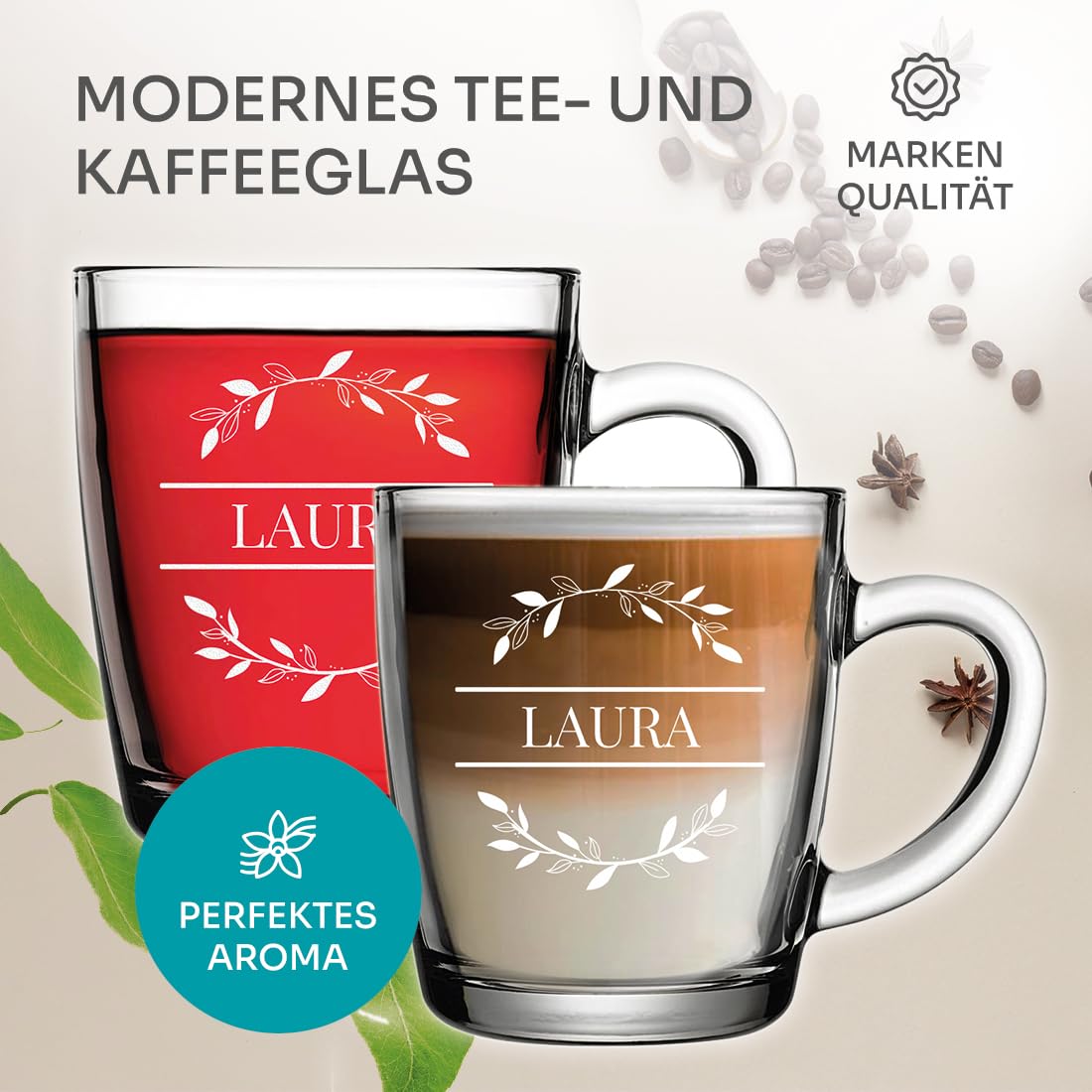 polar-effekt Teetasse aus Glas 340 ml 6 Stück mit Gravur - Teeglas mit Henkel - für warme und kalte Getränke - spülmaschinenfest und BPA-Frei