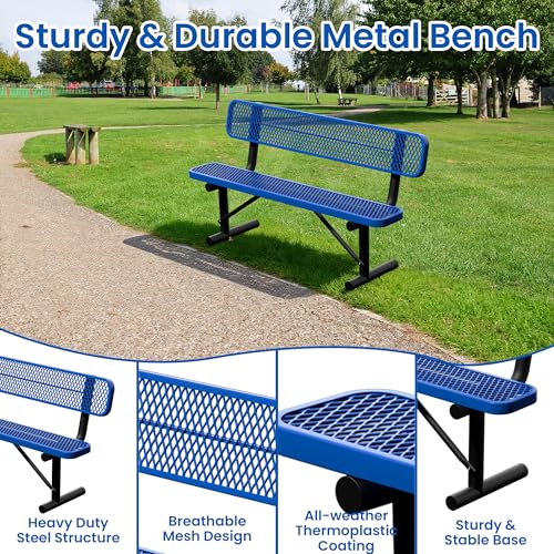Image of 6FT Outdoor Metal Bench Park Benches for Outside, Blue Heavy Duty Long Steel Bench with Back, Commercial Garden Bench Expanded Metal Bench Seat for Lawn, Park, Deck, Garden, Patio, Porch