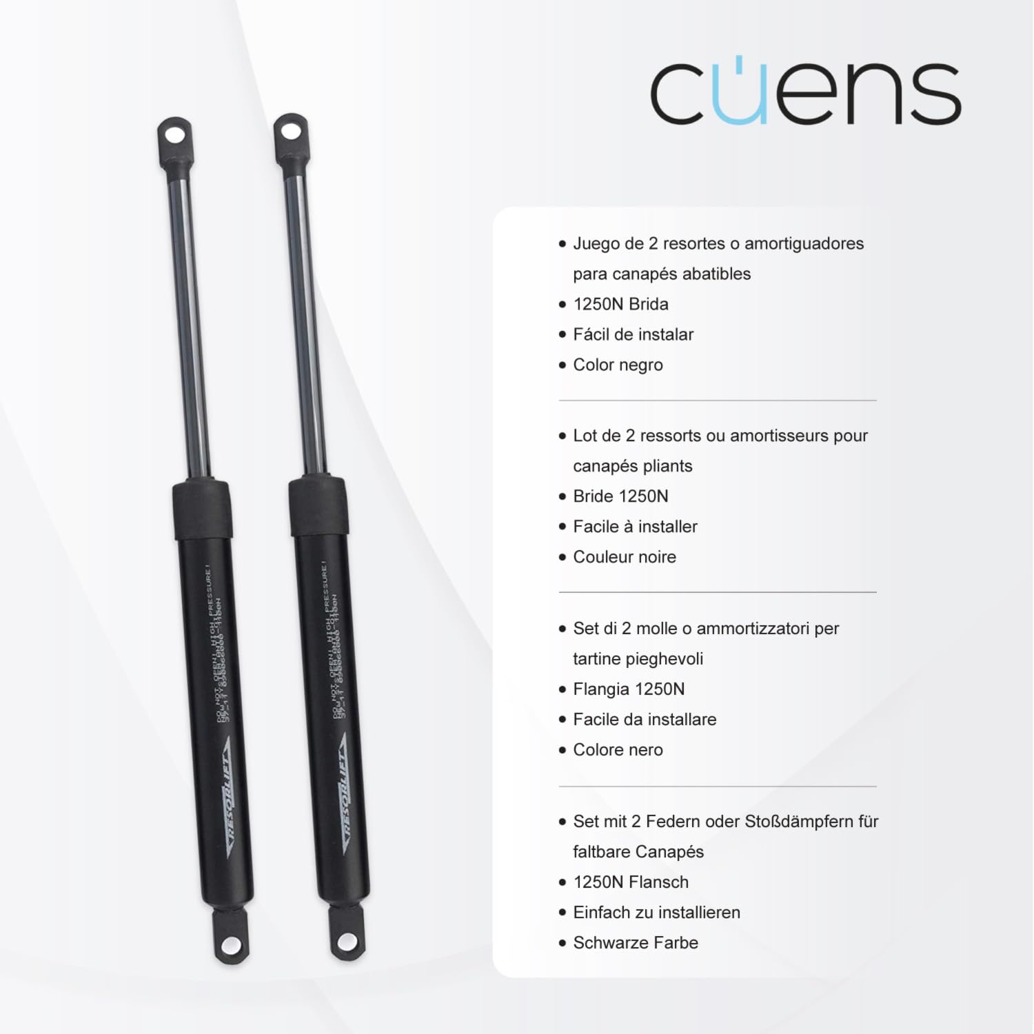 Juego de 2 amortiguadores o Resortes de Gas para canapés de 1150N - Brida M-8 - Ideal para canapés de 135cm - Cuens