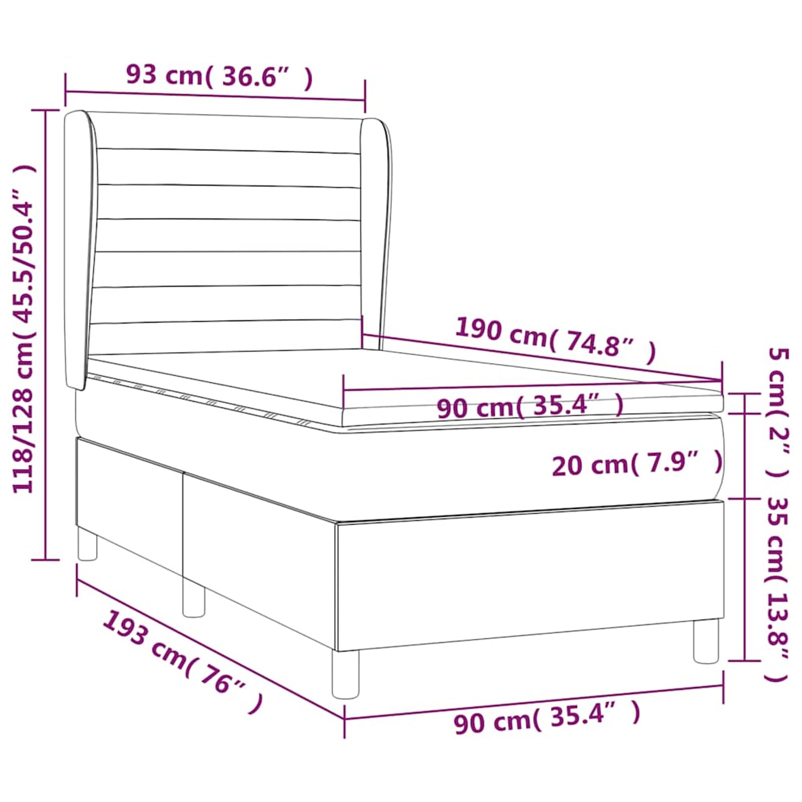 ATOMSTACK MAKER Letto a molle, 90 x 190 cm, con materasso a molle insacchettate e testiera in velluto regolabile in altezza, 20 cm di altezza, per chi dorme sulla schiena e sulla pancia, con topper