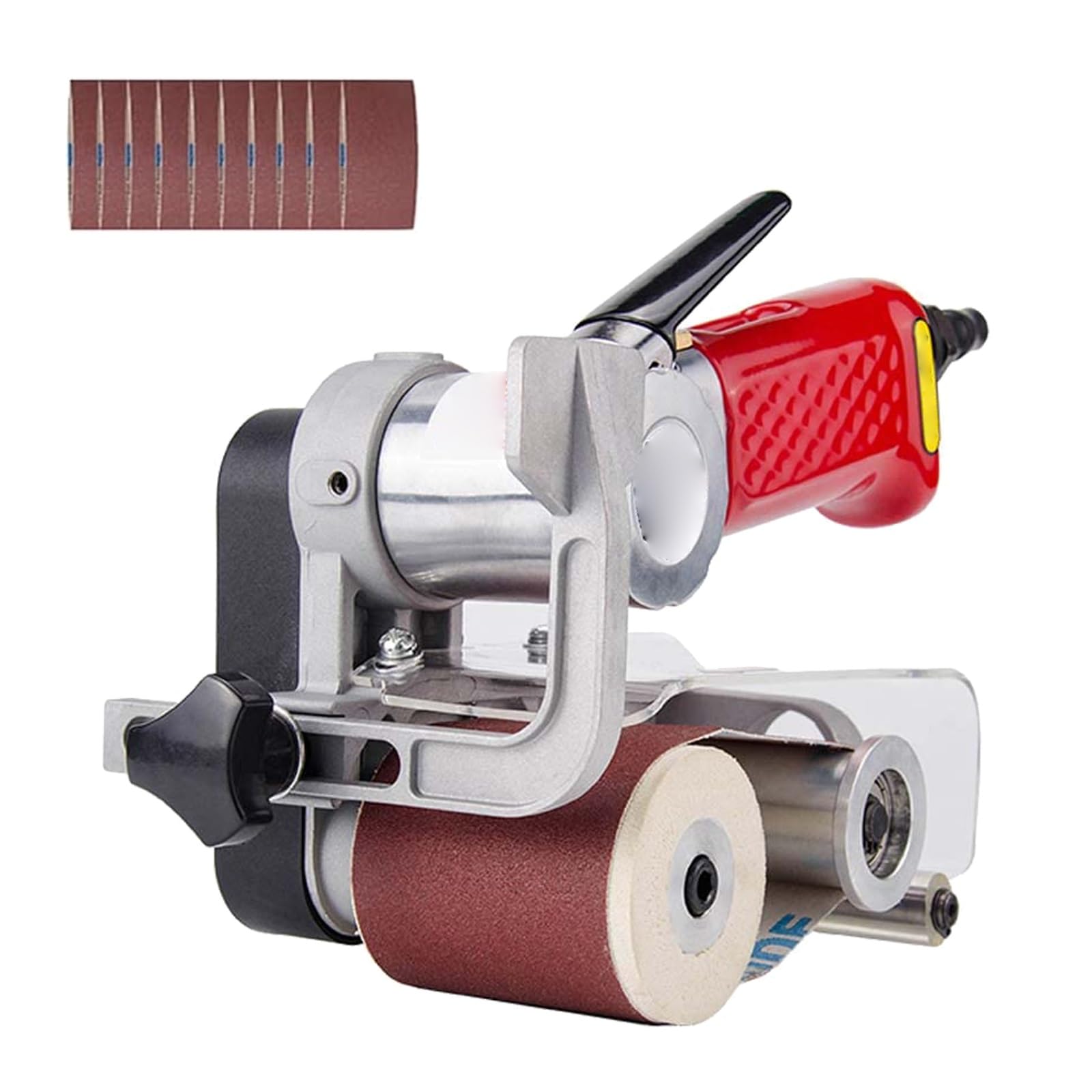 Eoweiot Pneumatic Belt Sander, Handheld Polisher with Protective Cover, Stainless Steel Tool with 10 Sanding Belts for Woodworking