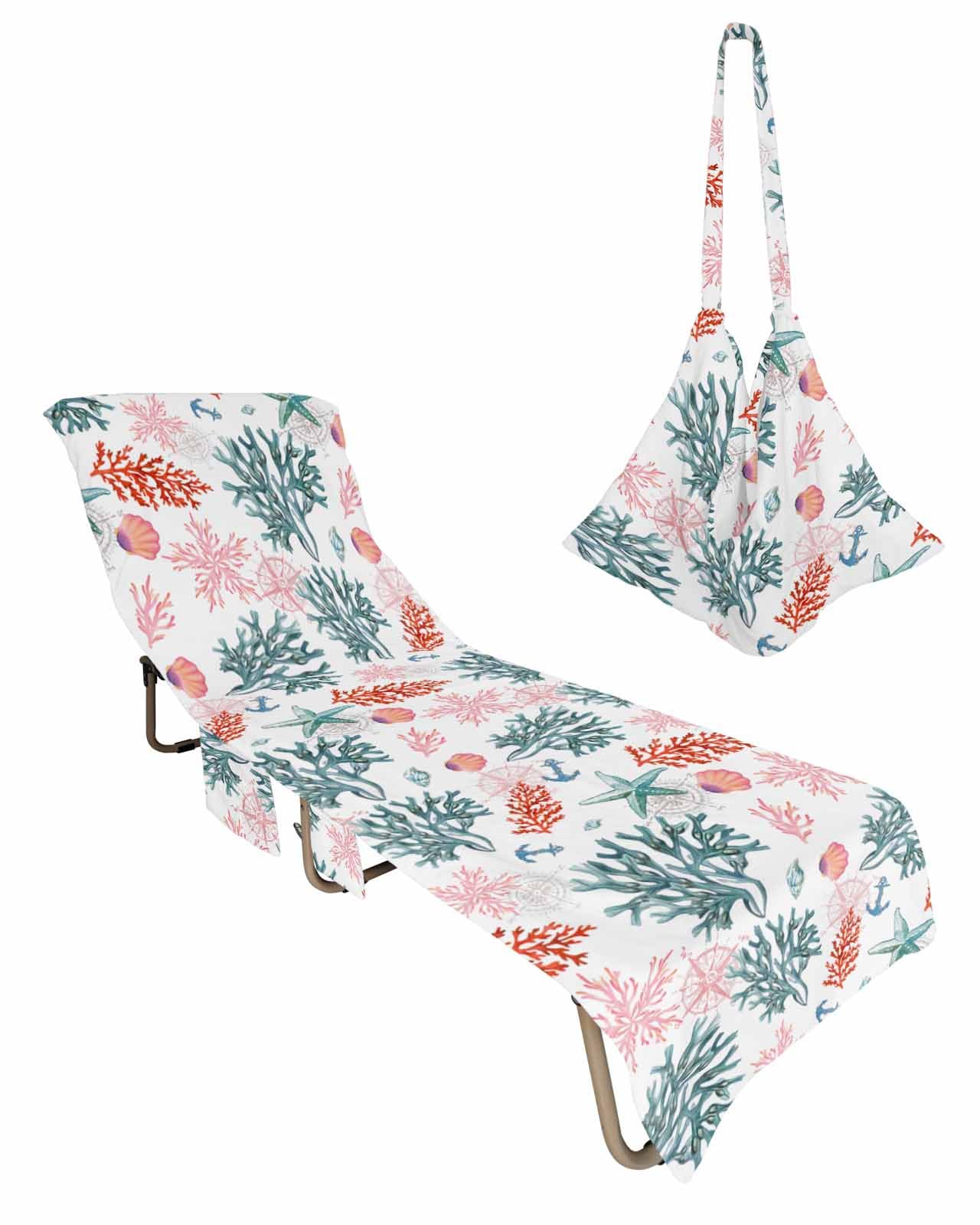 Beach Pool Patio Lounge Chaise Chair Cover Towel with Pockets,Coastal Coral Absorbent & Quick Dry Microfiber Towel Cover Bag Summer Travel Accessories Nautical Starfish Watercolor Green White