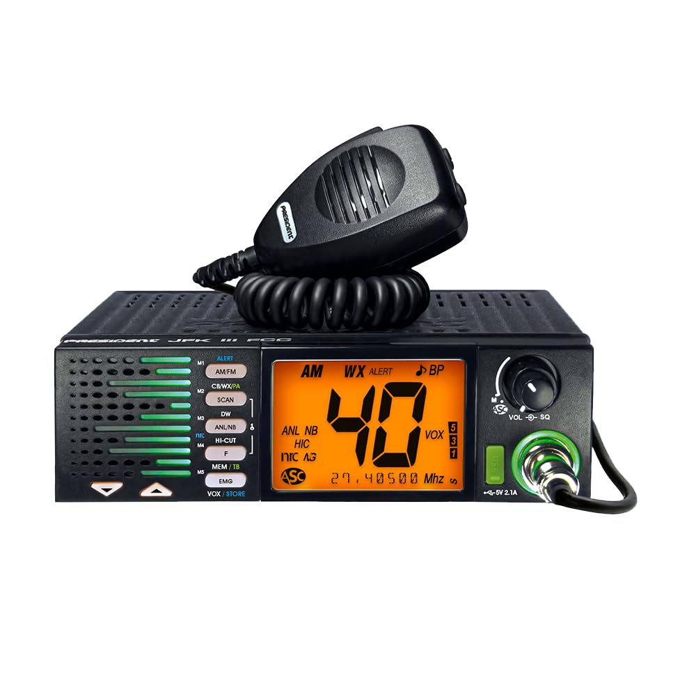 President JFK III FCC AM/FM Trucker CB Radio- OEM Truck Size with Front-Firing Flashing RX/TX Speaker, 7-Color Display, NOAA Weather Channel, USB Port