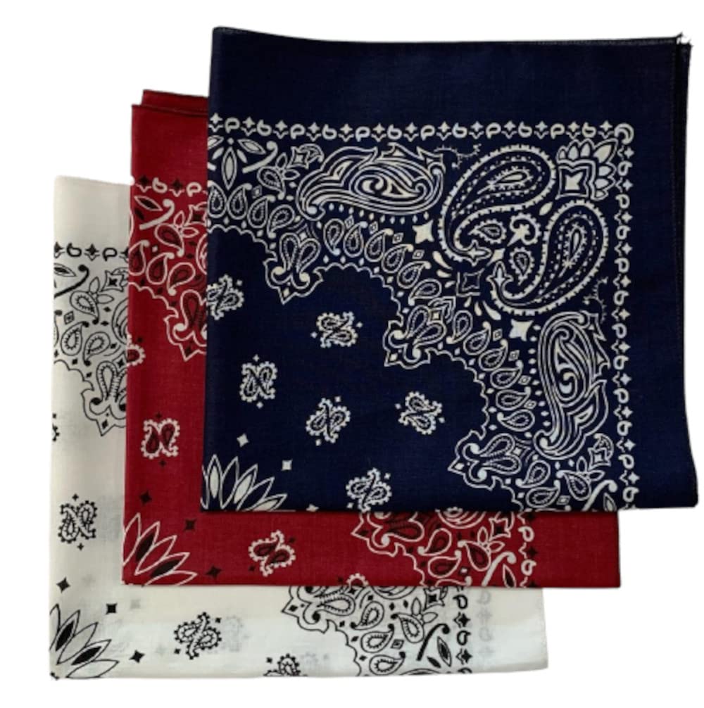 Made in the USA paisley bandanas (navy, burgundy, white)3 pack- 100% cotton 22in x 22in