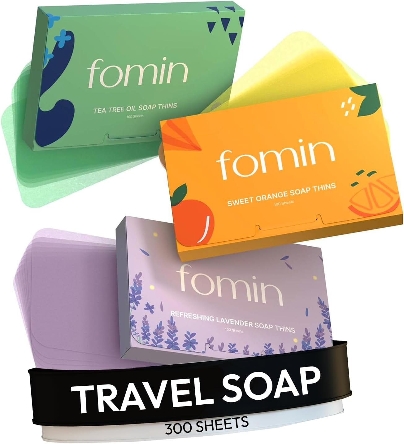 FOMIN 3-Pack Variety Foaming Hand Soap Sheets - Orange, Tea Tree, Lavender Paper Soap Sheets for Traveling - 300 Camping Soap Paper Sheets
