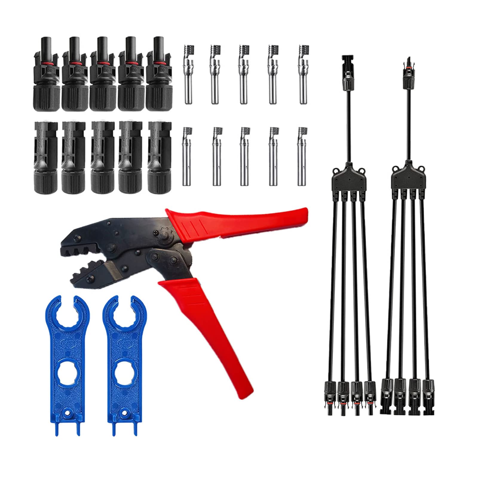 5 Pairs Male/Female Solar Panel Cable Connectors with Crimping Pliers 1 to 4 NCH Y Ty NCH Connector Spanner Assembly Tool for PV System IP67 Waterproof DIY Cable Accories Tool