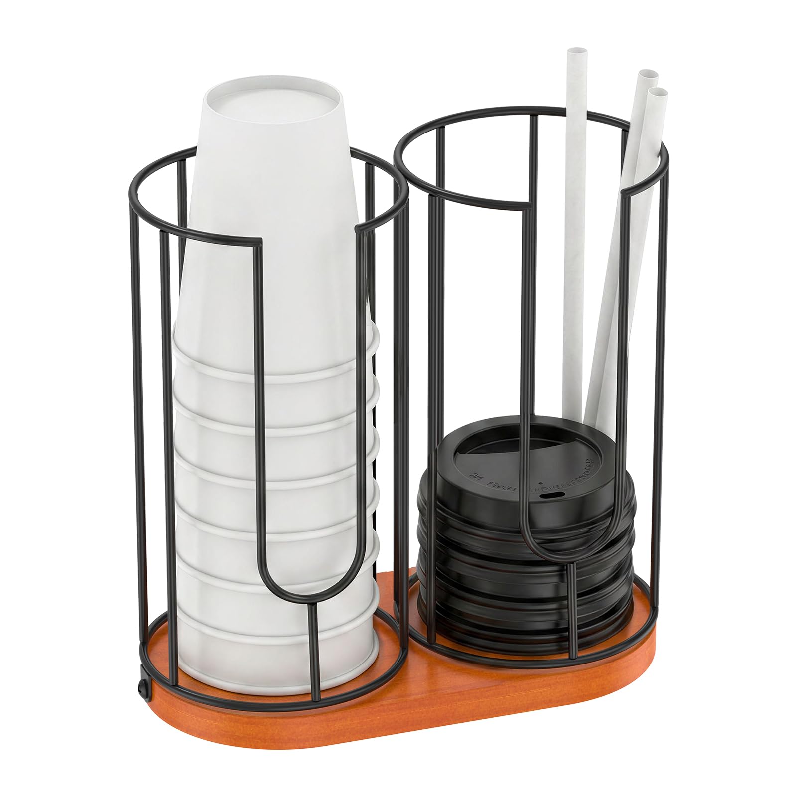 Alongen Wooden Base Coffee Cup Dispenser – 2-Compartment Paper Cup Holder with Straw & Lid Storage, Countertop Organiser for Kitchen, Office & Home Café