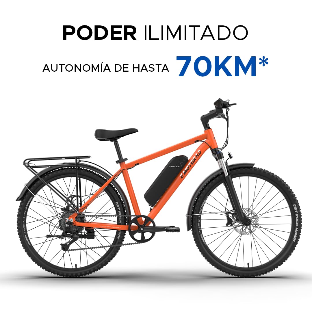 EMotorad T-Rex Pro, Bicicleta Eléctrica Urbana MTB, Display i13 Integrado, Motor 250W 40Nm, Batería Extraíble 36V 13Ah, Shimano Altus 7 Velocidades, Suspensión 100 mm, Frenos Disco, Autonomía 70 km