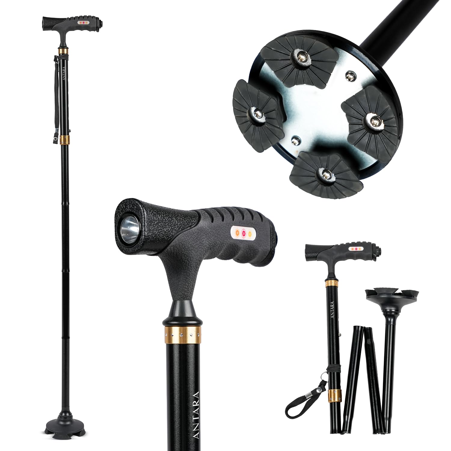 Antara AGEasy (Max Group) Foldable Walking Stick with Built-in LED Light | Adjustable Height (85–97 cm) | 360° Pivot Anti-Slip Base, Lightweight Aluminium Cane with Ergonomic Handle (Rich Black)-image-17