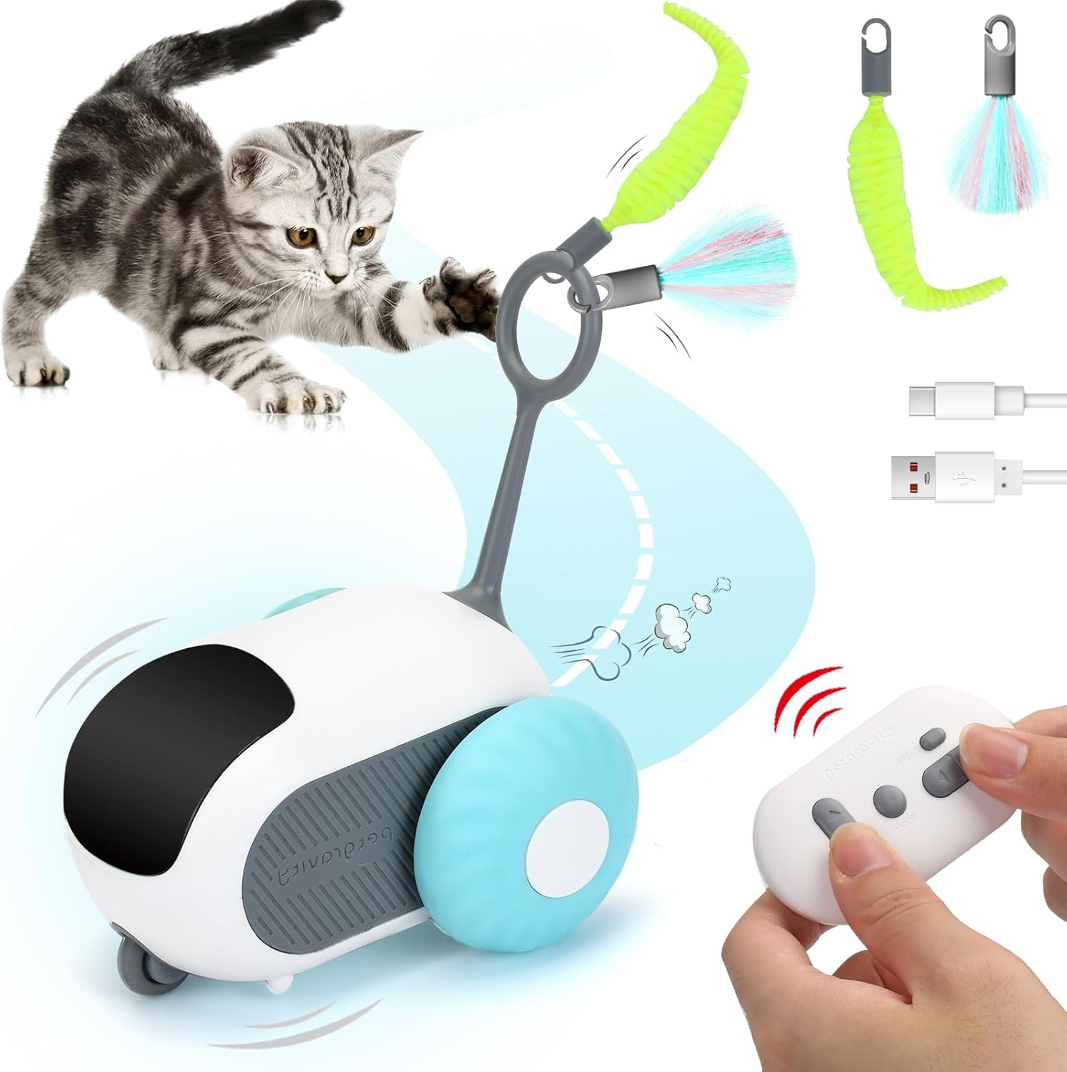 Turbo Tail 3.0 Cat Toy, Remote Control Cat Toy with 2-Speed Adjustment, Interactive Cat Toys for Indoor Cats, Automatic Cat Toys with USB Rechargeable for Bored Cats (Blue)