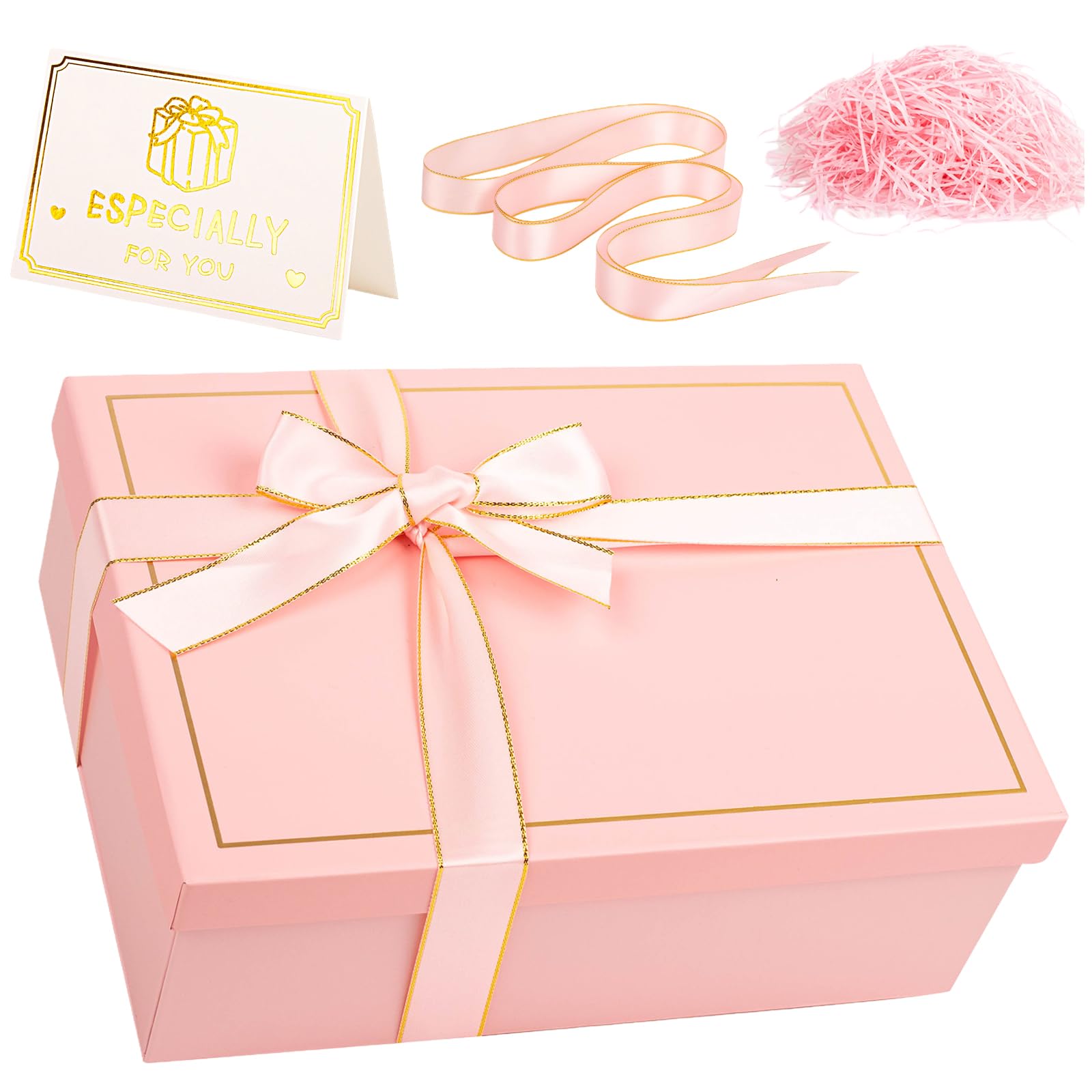 Large Pink Gifts Boxes with Magnetic Lids,Luxury Gift Box Set,25 x 19 x 9cm, with Contains Card,Ribbon,Shredded Tissue Paper,for Christmas Birthday Wedding Anniversary