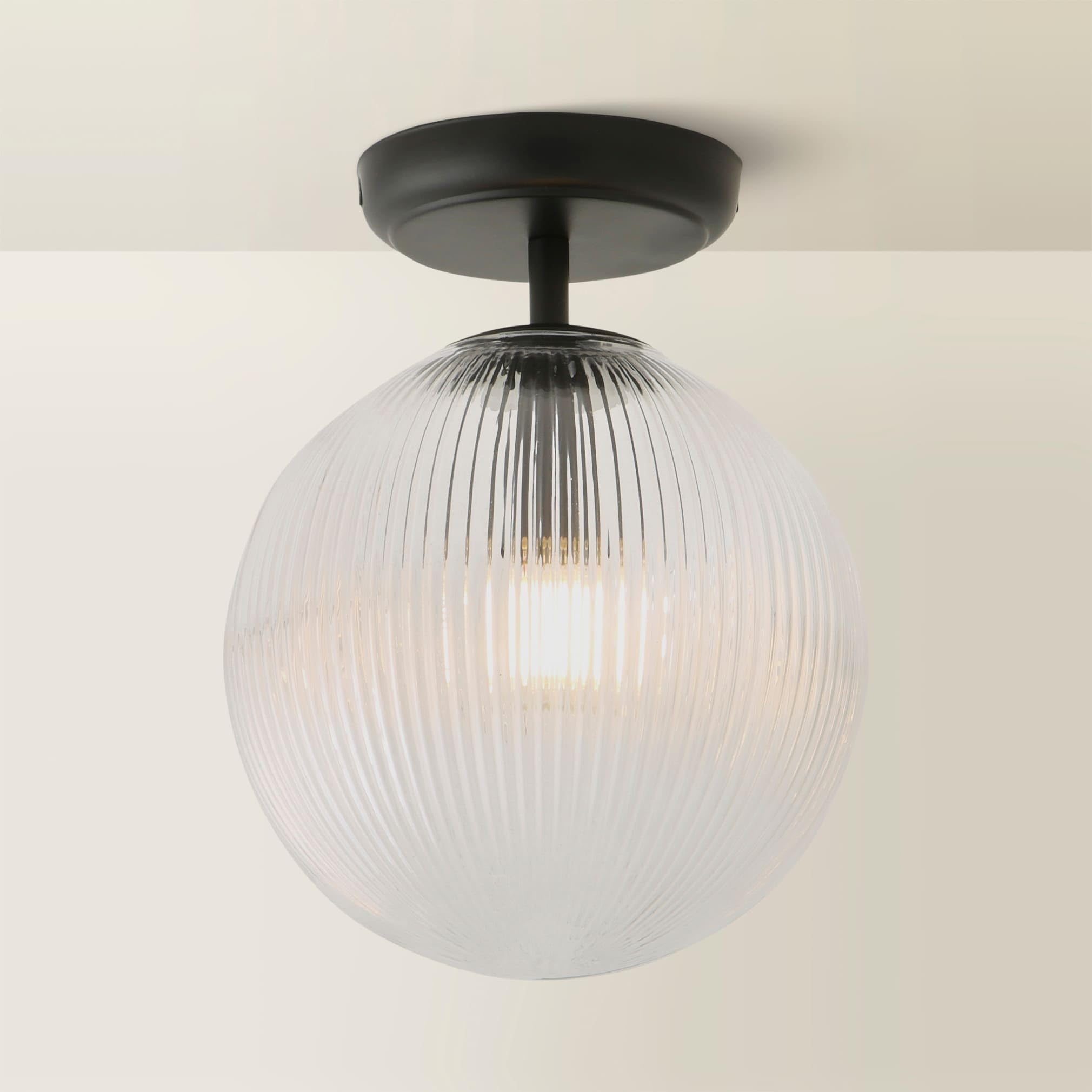 ValueLights | Kempton Matte Black Ribbed Glass Globe Shade Flush Ceiling Light with Bulb | Ceiling Lights, Home Décor & Improvement Essential | Mains Wired