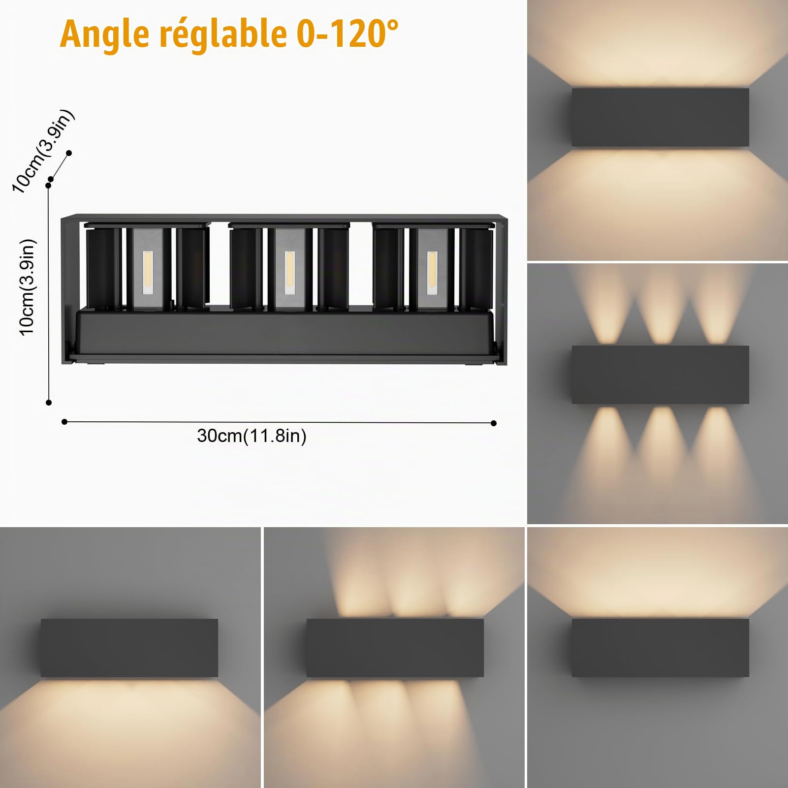 Klighten 30W Applique Mural Intérieur/Extérieur Faisceau Réglable Applique Murale LED IP65 Étanche 3000K Blanc Chaud Appliques Murales,Noir