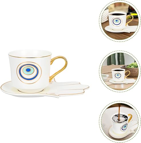 Miniatura 9 de Angoily Juego de tazas de té, tazas de café con leche contra el mal de ojo: taza de café de cerámica, taza de té griega árabe turca con platillo de
