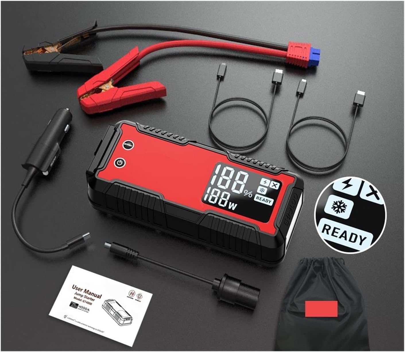 バッテリー 充電器、 4000A 車のジャンプスターター 26800mAh パワーバンクポータブル充電器ブースター 12V 自動始動
