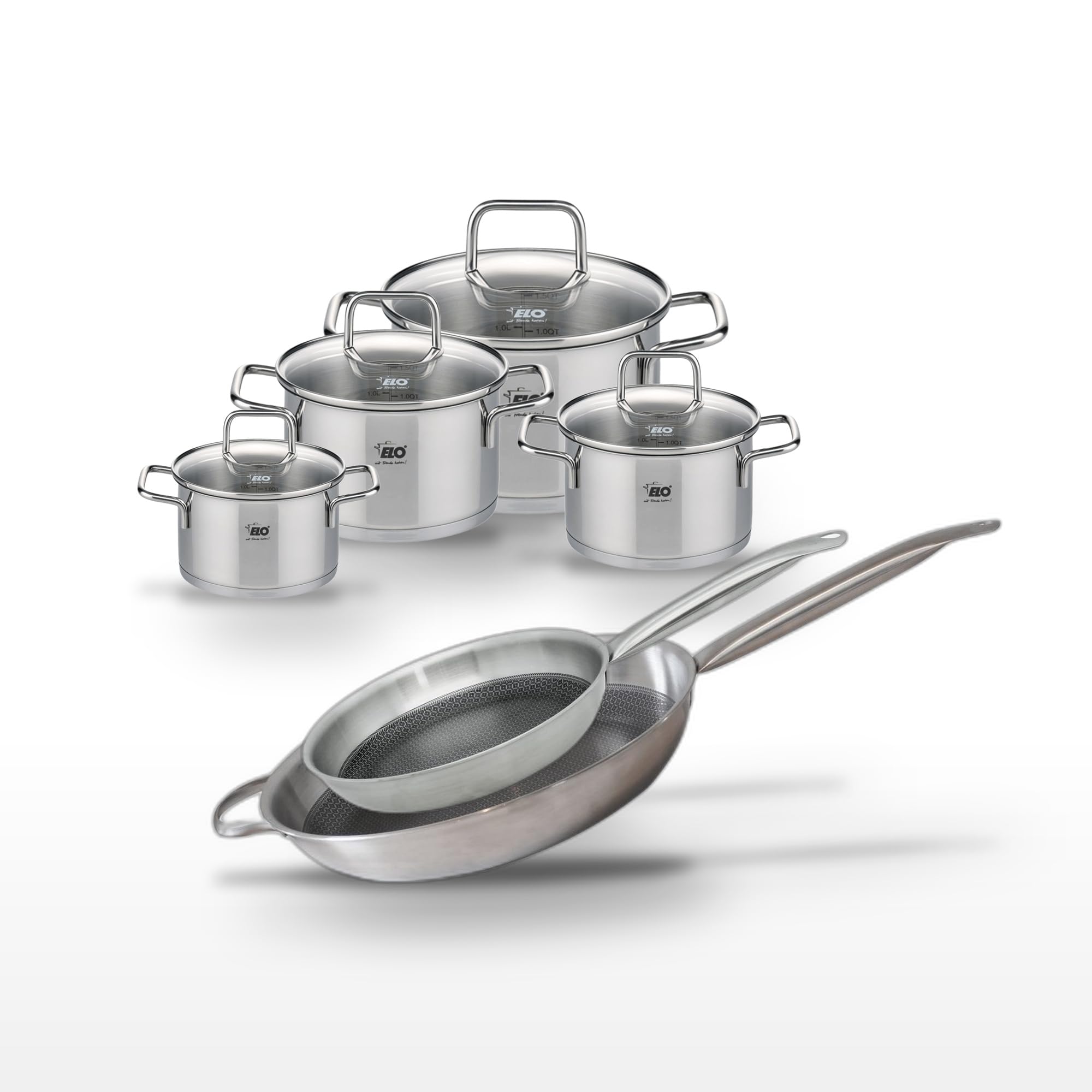 Elo Batterie de cuisine 2 poêles 28/32 cm et 4 faitouts 12/14/16/20 cm | Lot complet pour équiper la cuisson, 6 pièces, 2 poêles 28 et 32 cm, 4 faitouts 12 à 20 cm, Induction et four compatibles