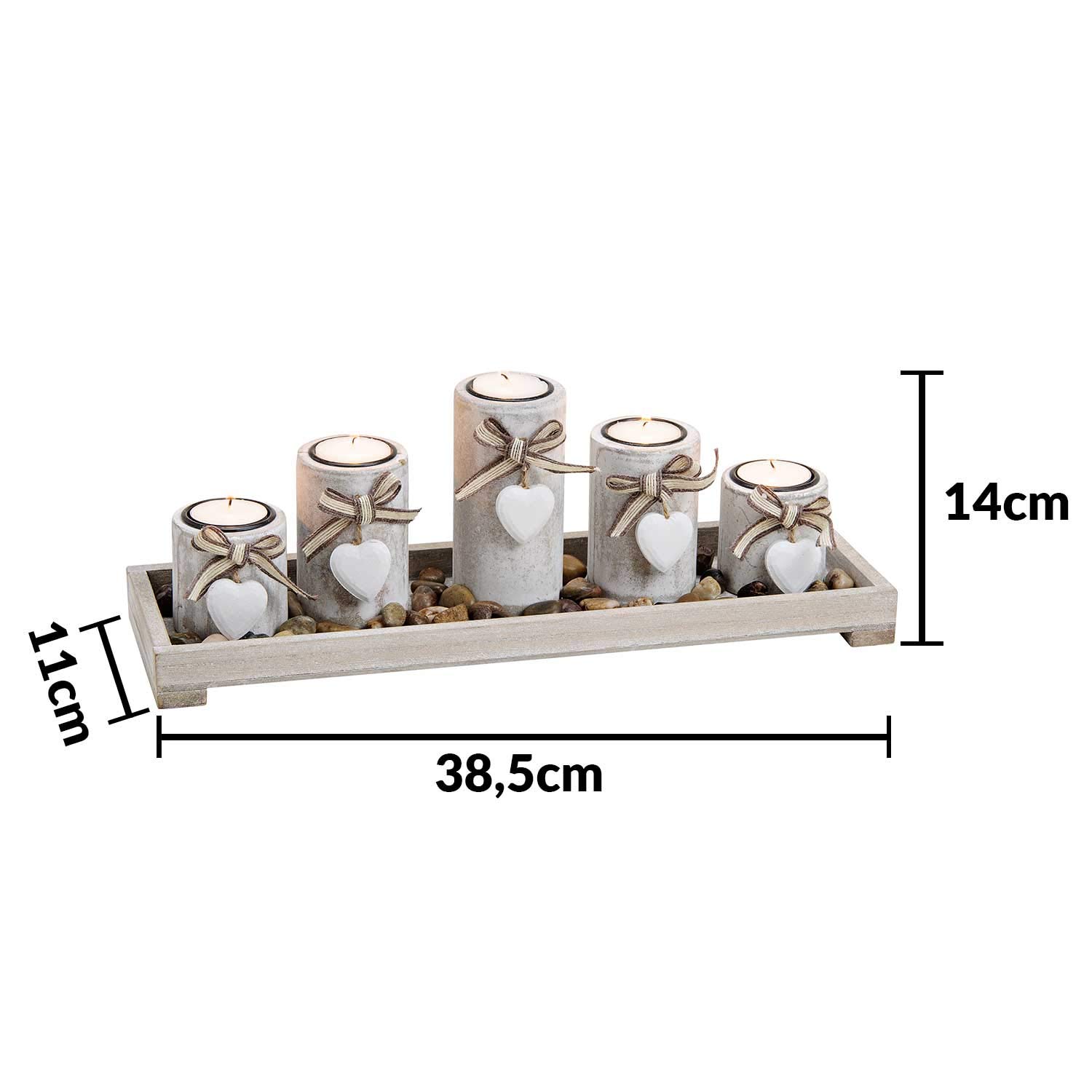 Belladecora Set 6 Portacandele Su Vassoio In Legno Con Pietre: Decorazione Rustica Grigia (38x12x11 Cm)