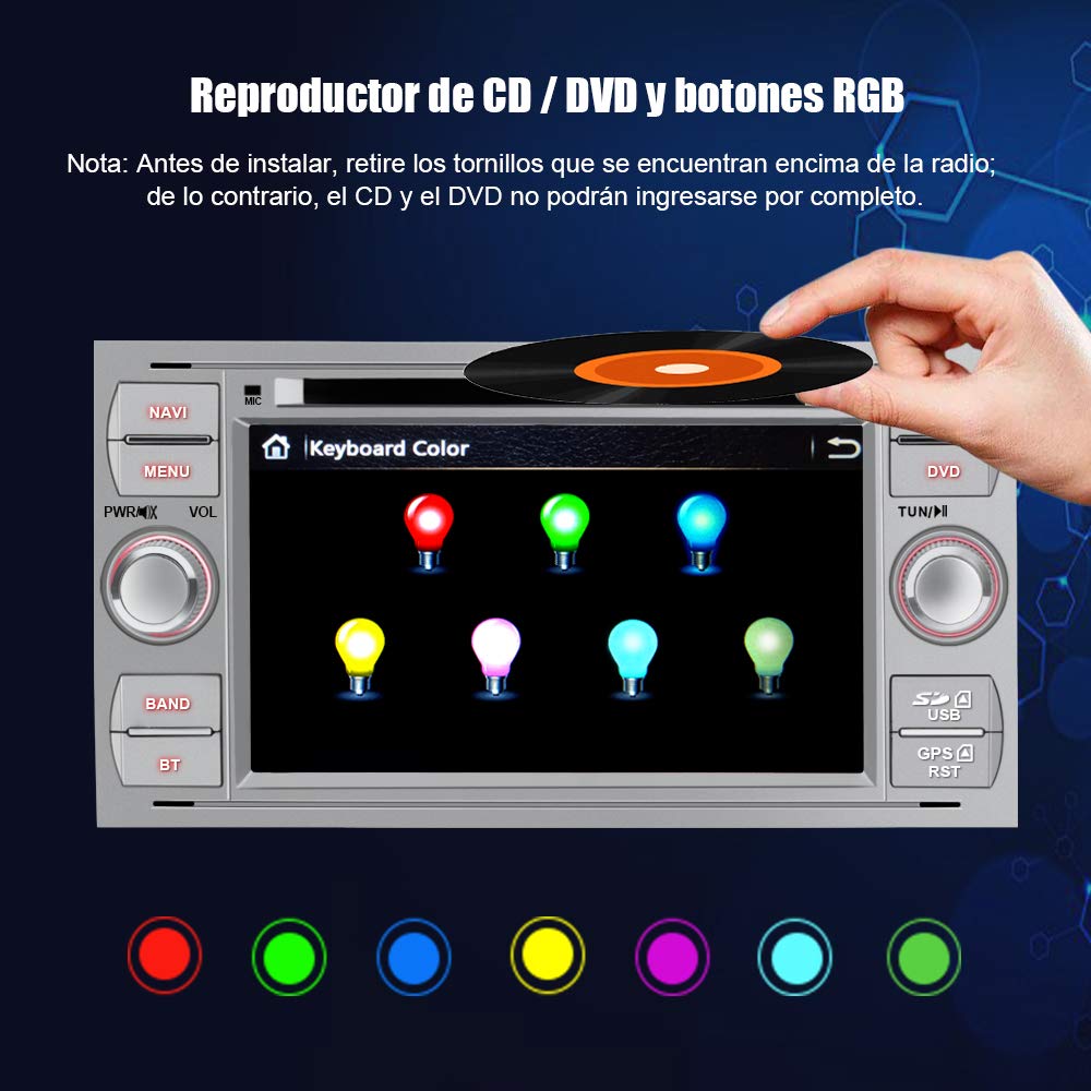 AWESAFE Radio Coche 7 Pulgadas para Ford con Pantalla Táctil 2 DIN, Autoradio de Ford con Bluetooth/GPS/FM/RDS/CD DVD/USB/SD, Apoyo Mandos Volante, Mirrorlink y Aparcamiento (Plata)
