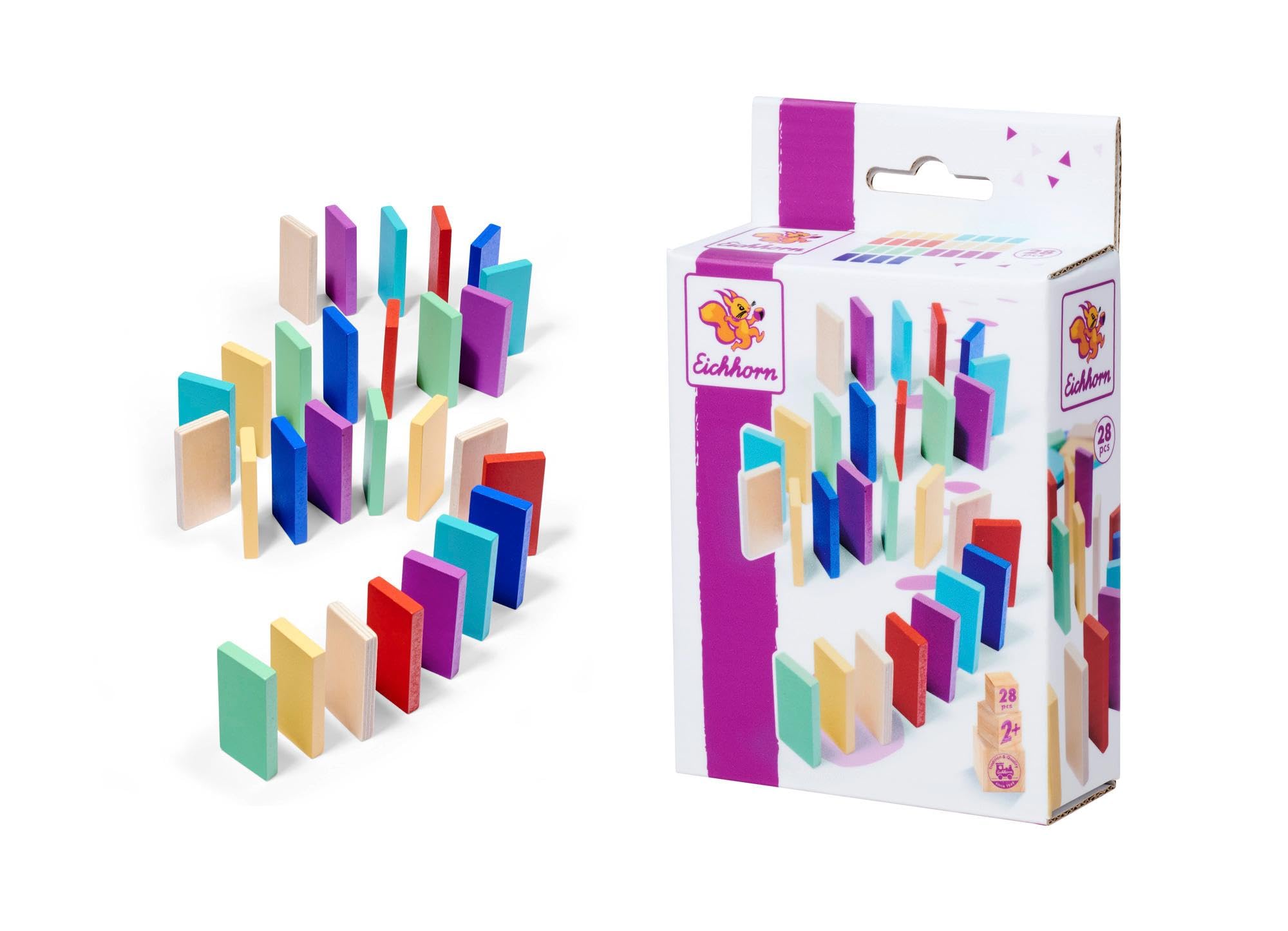 Eichhorn Games Domino Rally Coloured Stones for Standing, Handy Wooden Stones Ideal for Small Children's Hands, 28 Pieces, from 2 Years