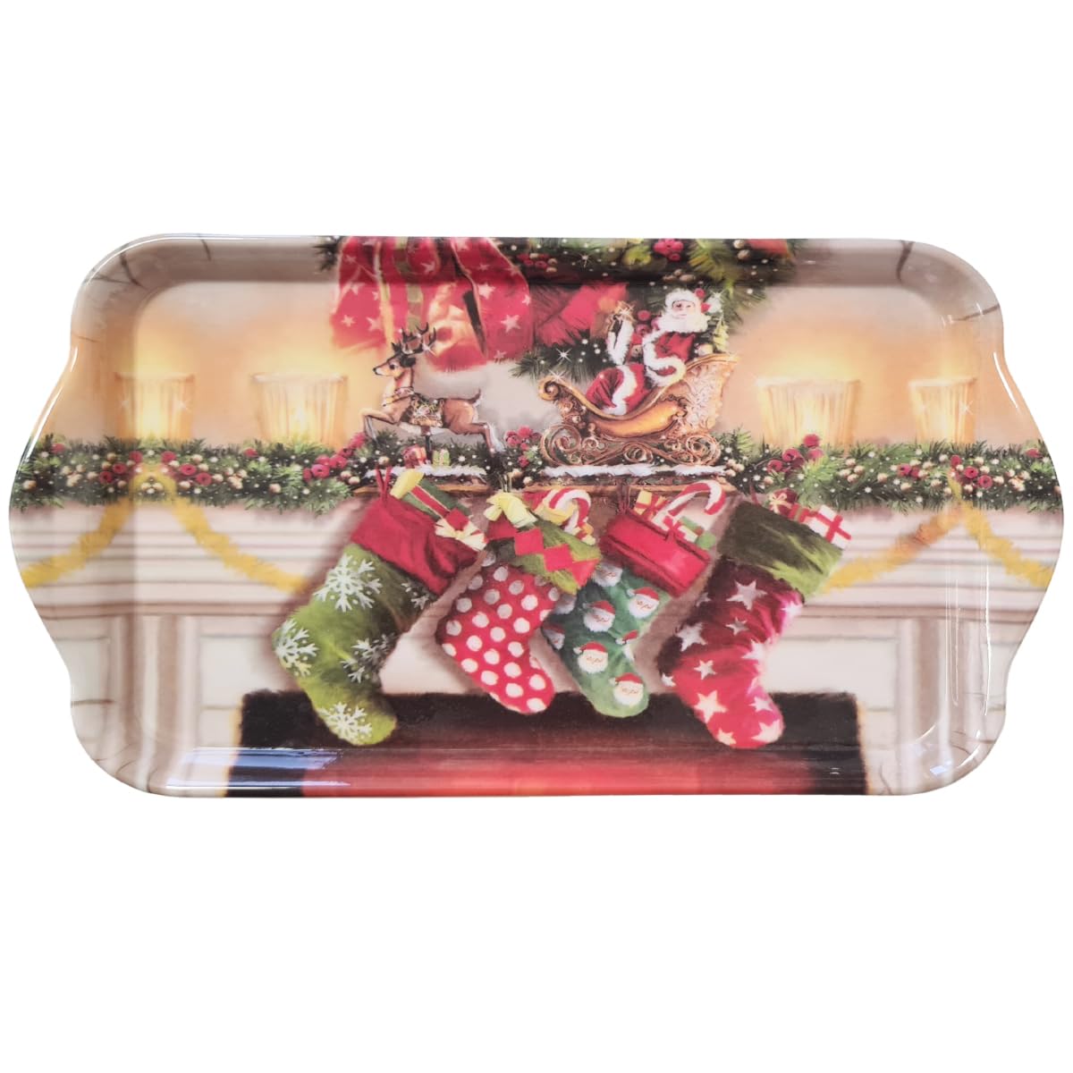Ambiente Bandeja de servir bandeja decorativa bandeja 13 x 21 cm melamina espíritu navideño chimenea calcetines romántico diseño navideño para Papá Noel y Navidad