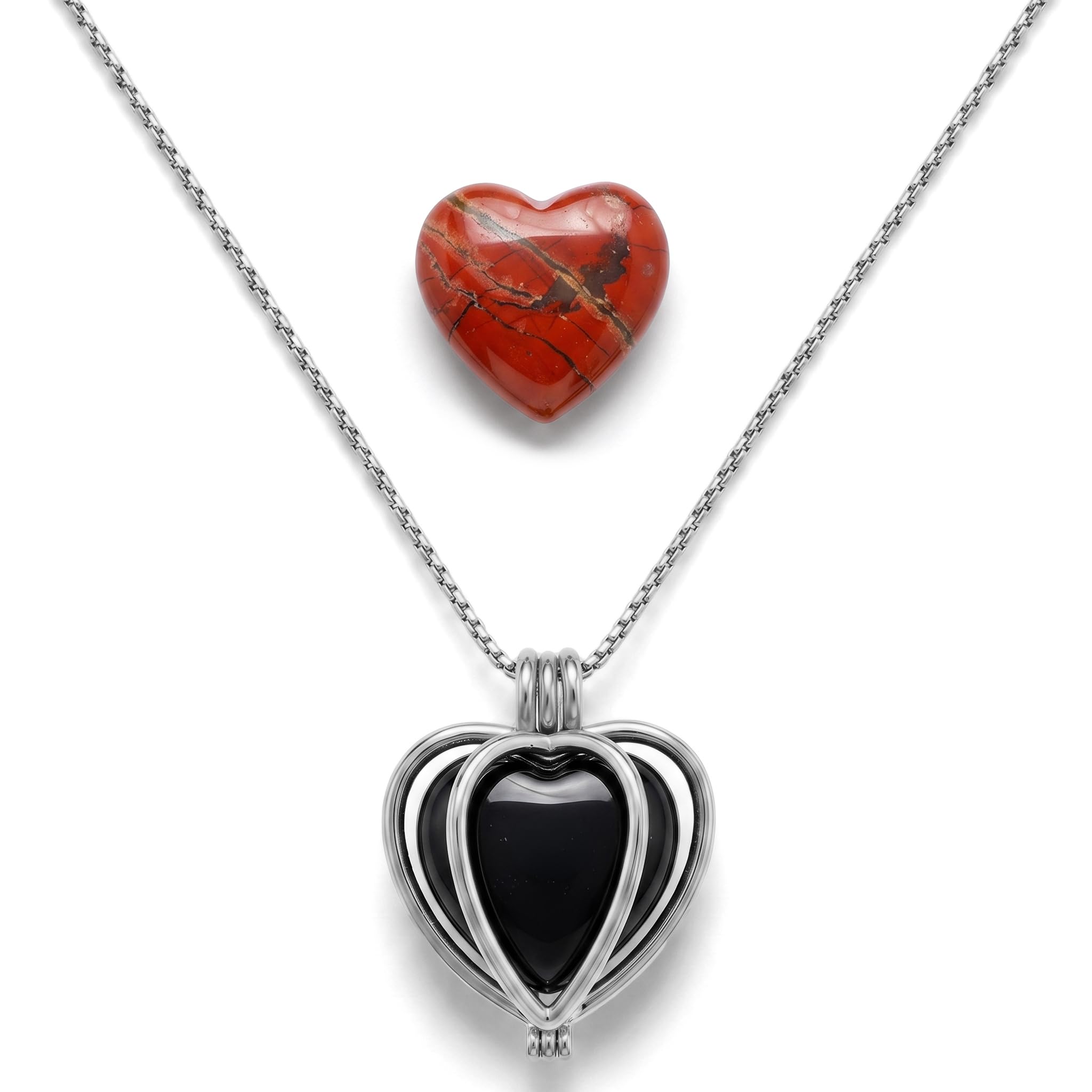 Collar Corazón Piedras Naturales Obsidiana Negra Jaspe Rojo Intercambiable