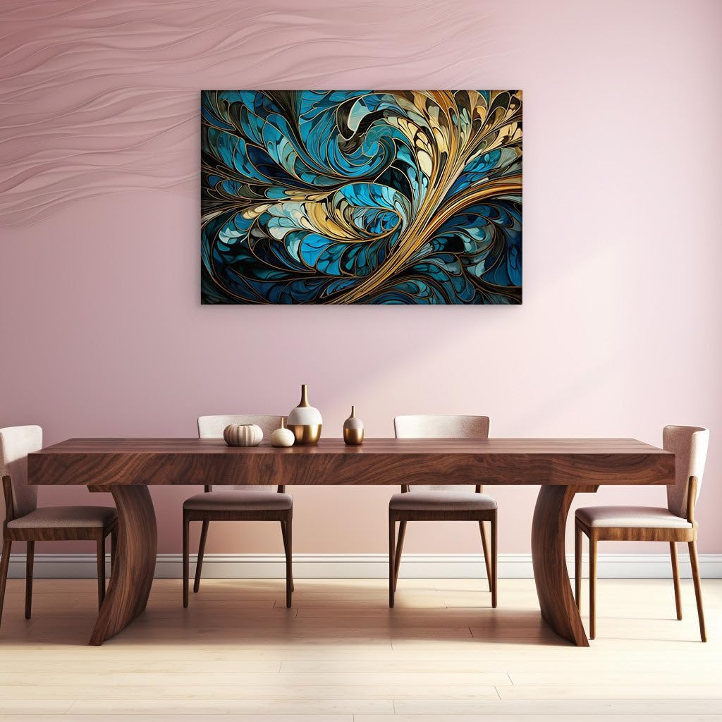 Canvas for Living room. Navigating the Tides of Imagination An Abstract Fusion of Blue, White and Gold Shimmer, 27 x 18 inch Canvas Wall Art - Ready to Hang
