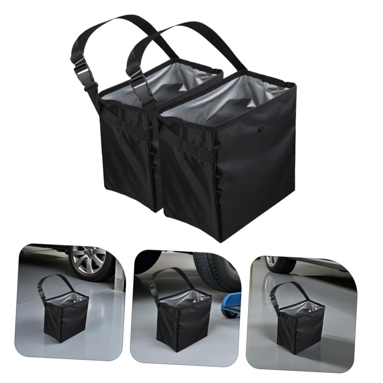 Anneome Auto Mülleimer 2 Stück-pack 8, 5 L aus Nylon und Pvc Schwarz | Tragbare Mehrzweck Boxen, für Werkzeug und Spielzeug, für Reisen, Camping und Zuhause