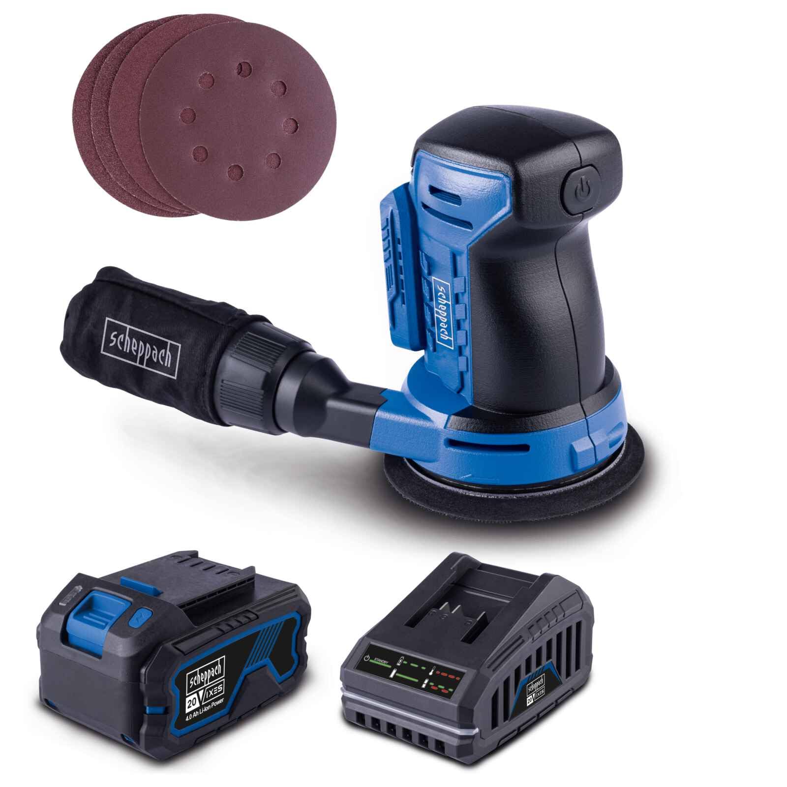 Scheppach Ponceuse excentrique sans fil C-OBS125-X - Série 20V IXES - Plateau de ponçage Ø 125 mm - Circuit oscillant 2 mm - Vitesse d'oscillation max 24000 tr/min - 1 batterie 4Ah + chargeur